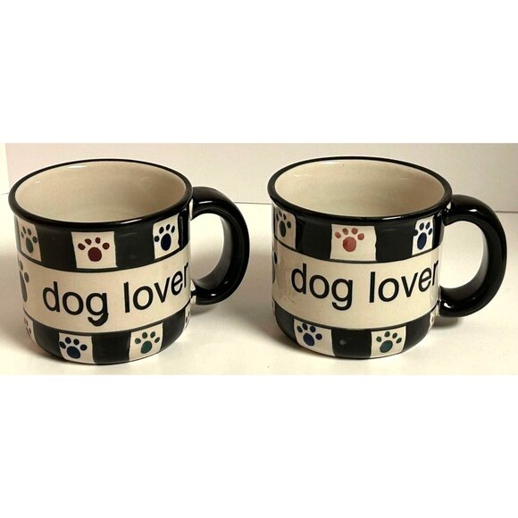 Checkered Dog Lover Ceramic Coffee Cocoa Tea Mugs Paw Print Design Set Of 2 - Picture 1 of 7